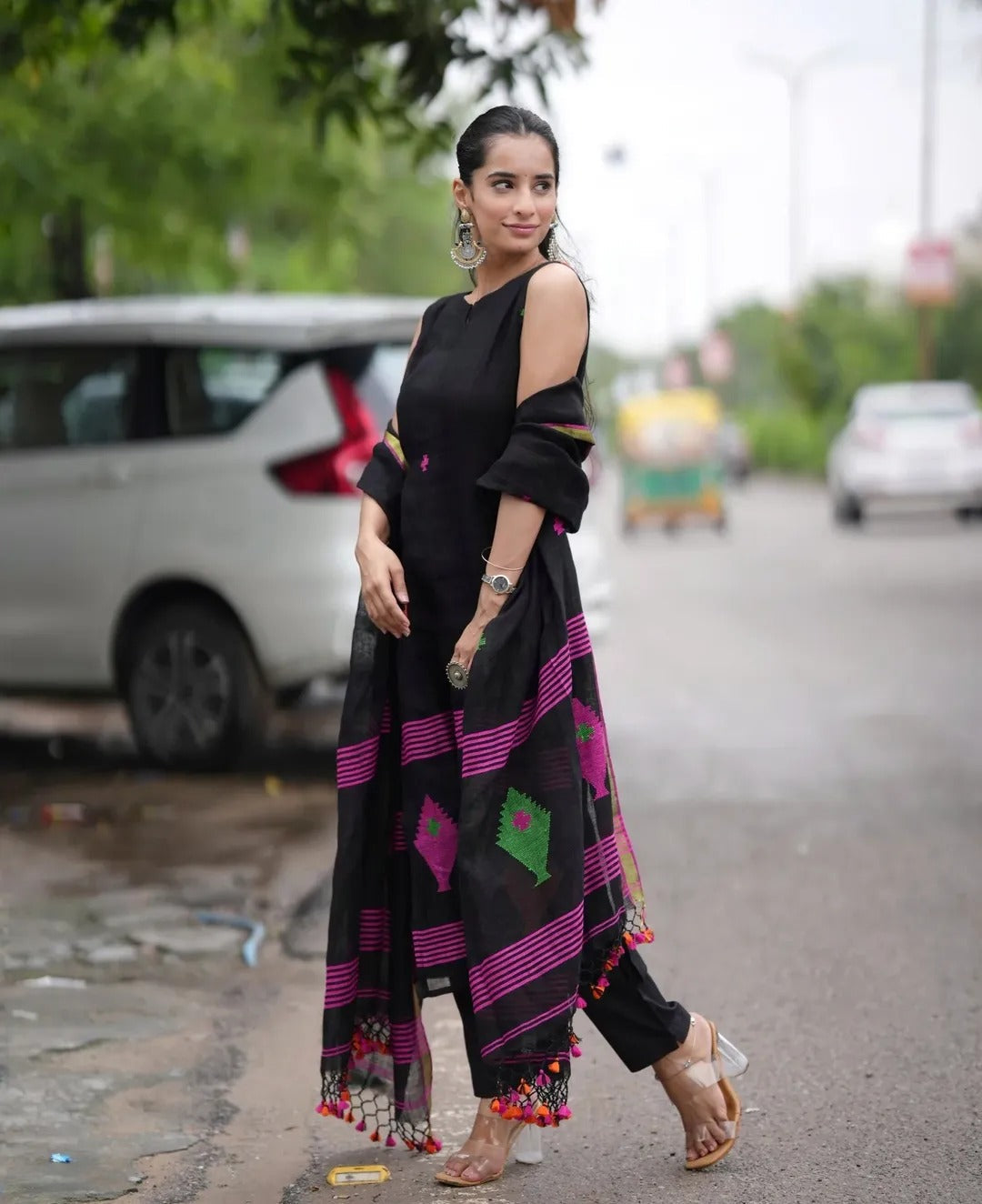 Black Handloom Cotton Suit Set with Multicolor Thread Embroidery & Dupatta