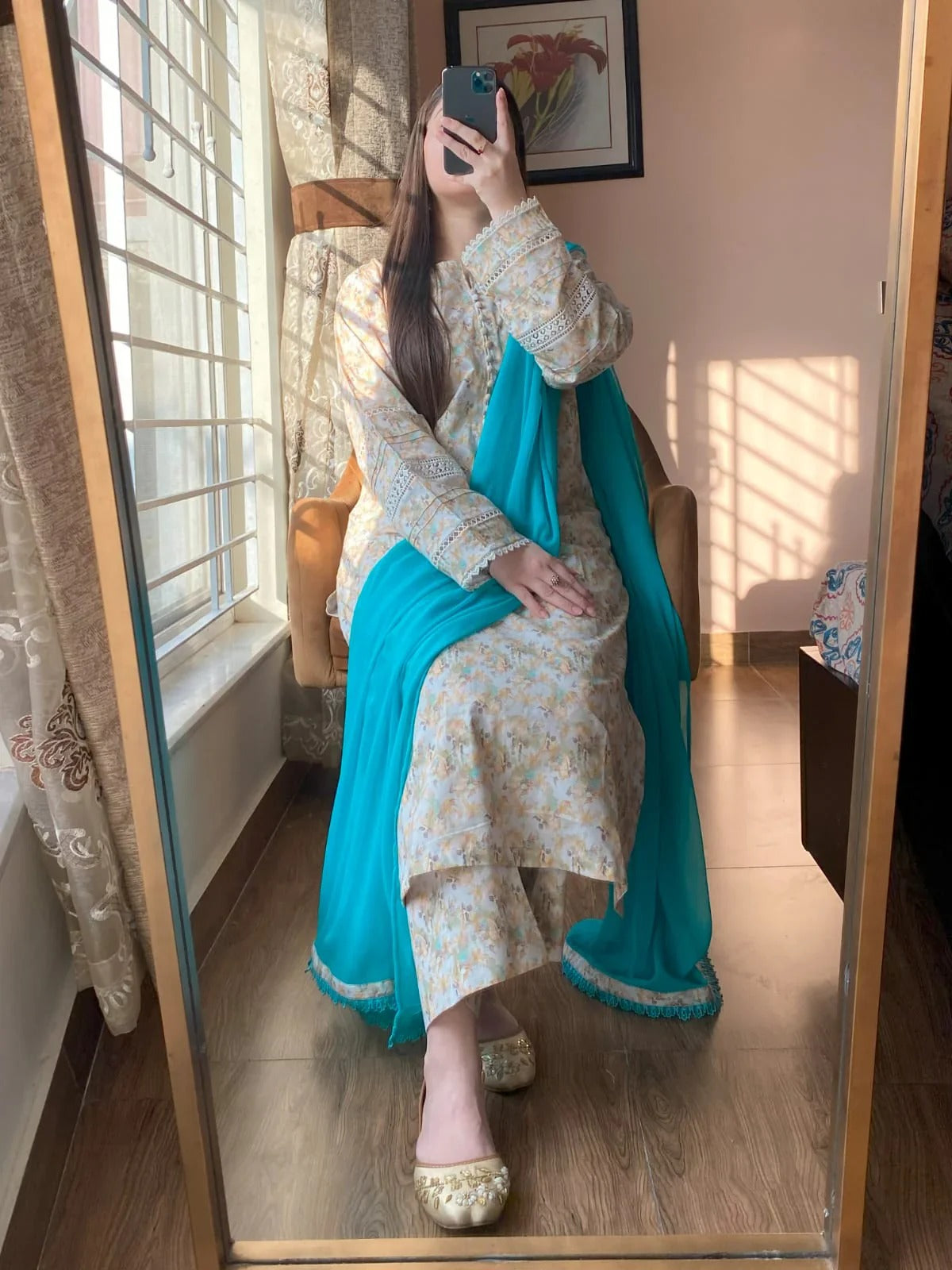 Pastel Beige Floral Cotton Kurta Set with Teal Dupatta