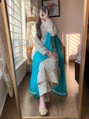 Pastel Beige Floral Cotton Kurta Set with Teal Dupatta