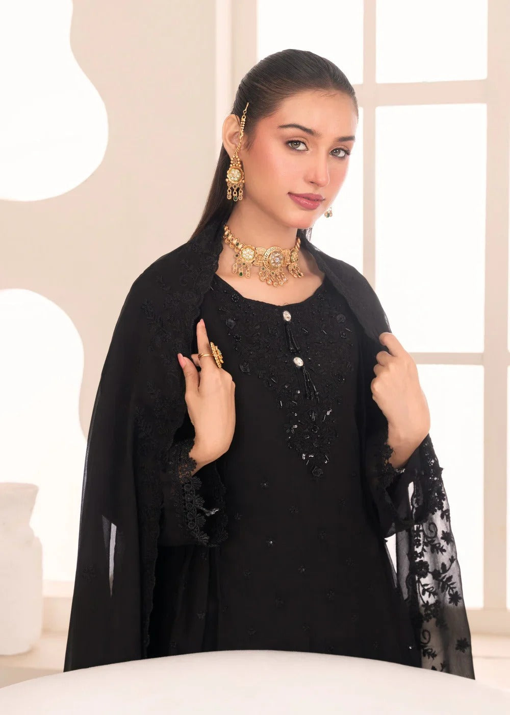 Black Sequins Embroidered Georgette Kurta Set for Women