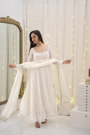 Elegant White Georgette Anarkali Suit with Dupatta