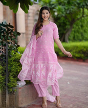 Soft Baby Pink Ikat Printed Cotton Suit Set with Dupatta