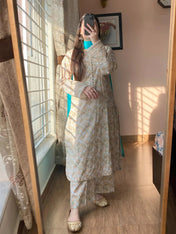 Pastel Beige Floral Cotton Kurta Set with Teal Dupatta