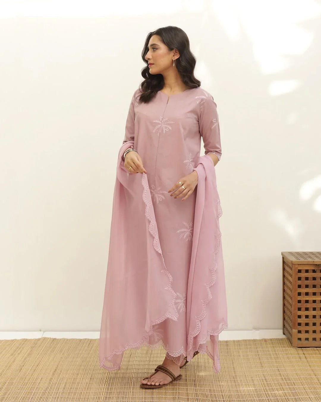 Pastel Pink Embroidered Anarkali Kurta Set with Organza Dupatta
