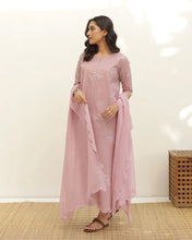 Pastel Pink Embroidered Anarkali Kurta Set with Organza Dupatta