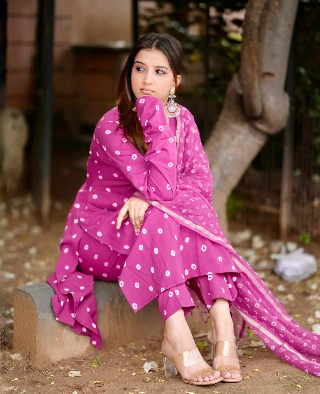 Pink Bandhani Printed Cotton Kurta Set with Dupatta