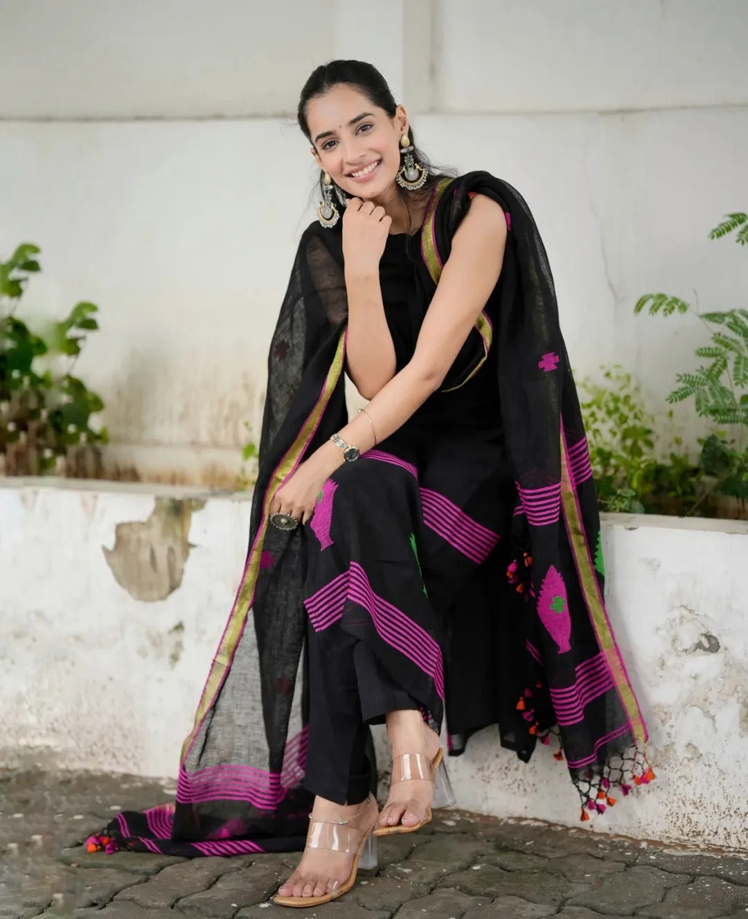 Black Handloom Cotton Suit Set with Multicolor Thread Embroidery & Dupatta