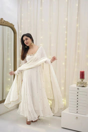 Elegant White Georgette Anarkali Suit with Dupatta