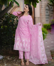 Soft Baby Pink Ikat Printed Cotton Suit Set with Dupatta