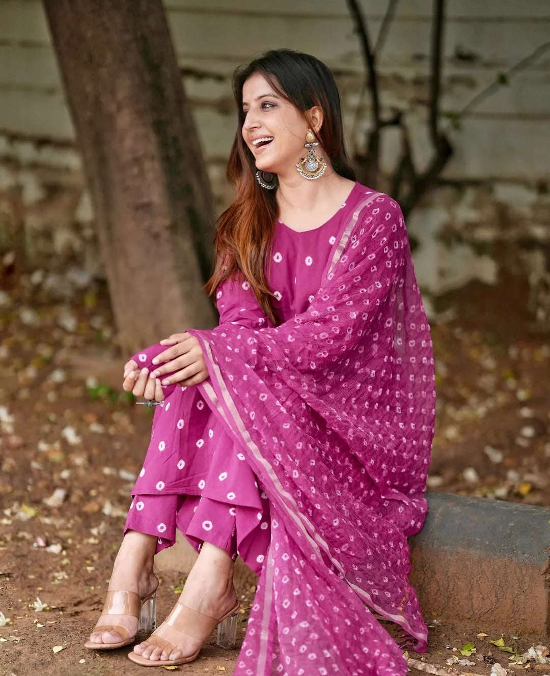 Pink Bandhani Printed Cotton Kurta Set with Dupatta