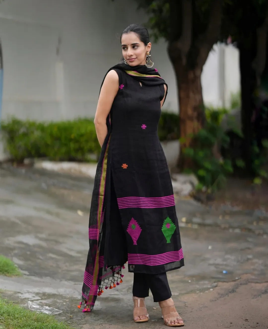 Black Handloom Cotton Suit Set with Multicolor Thread Embroidery & Dupatta