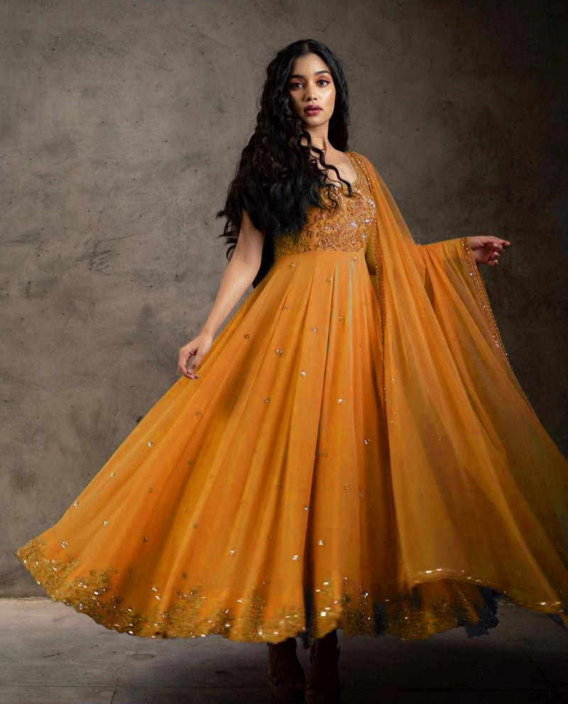 Attractive Designer Yellow Color Gown With Dupatta