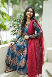 Blue Printed Cotton Anarkali Kurta with Maroon Dupatta