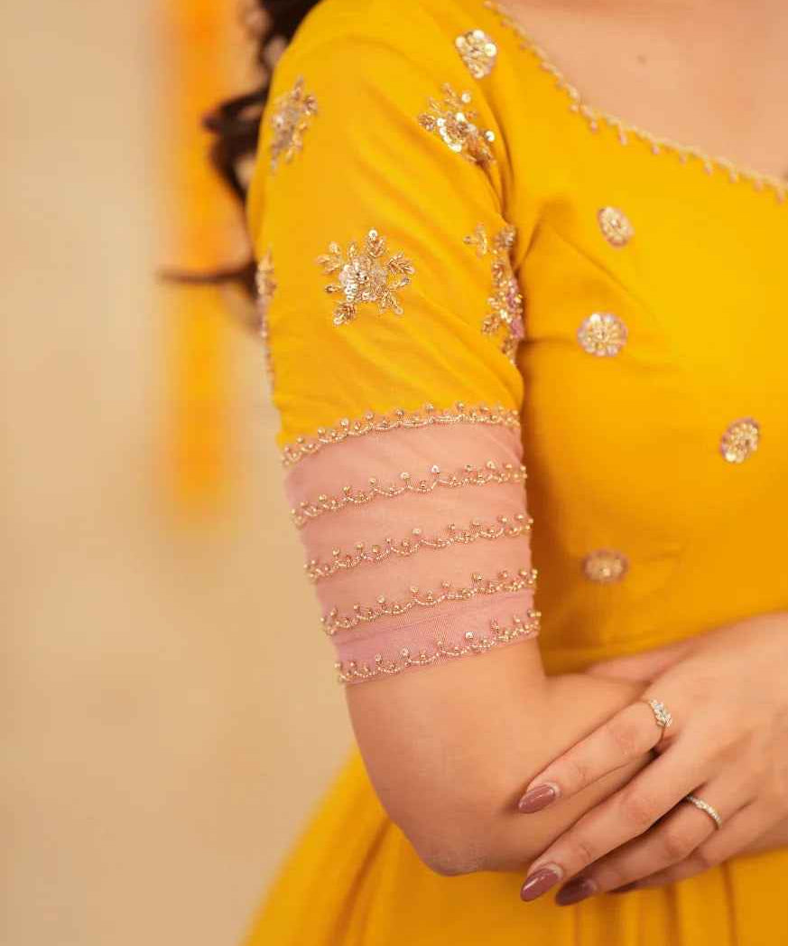 Yellow and baby pink designer hand-worked Anarkali with dupatta