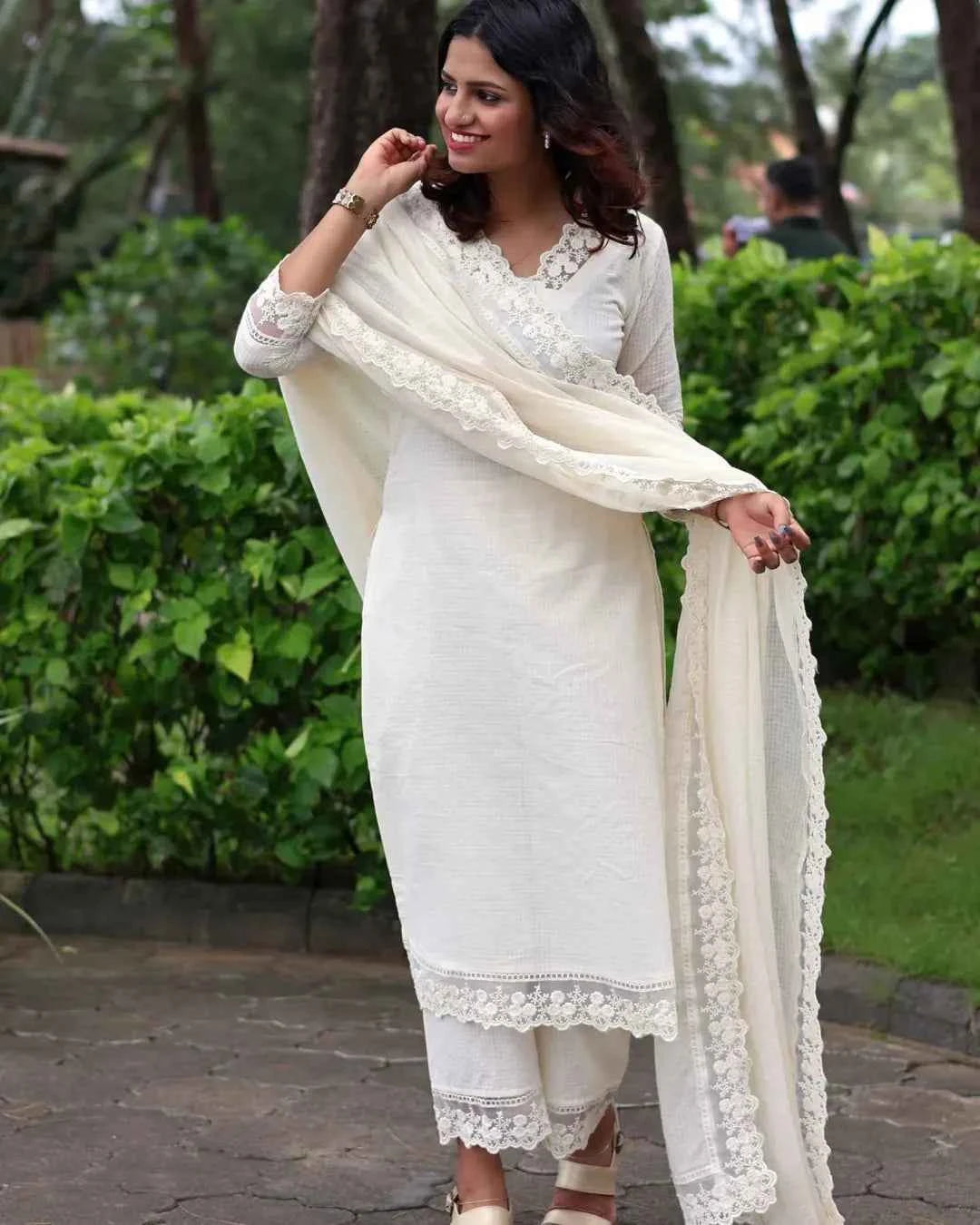 White Soft Cotton Kota Doria Suit With Lining.