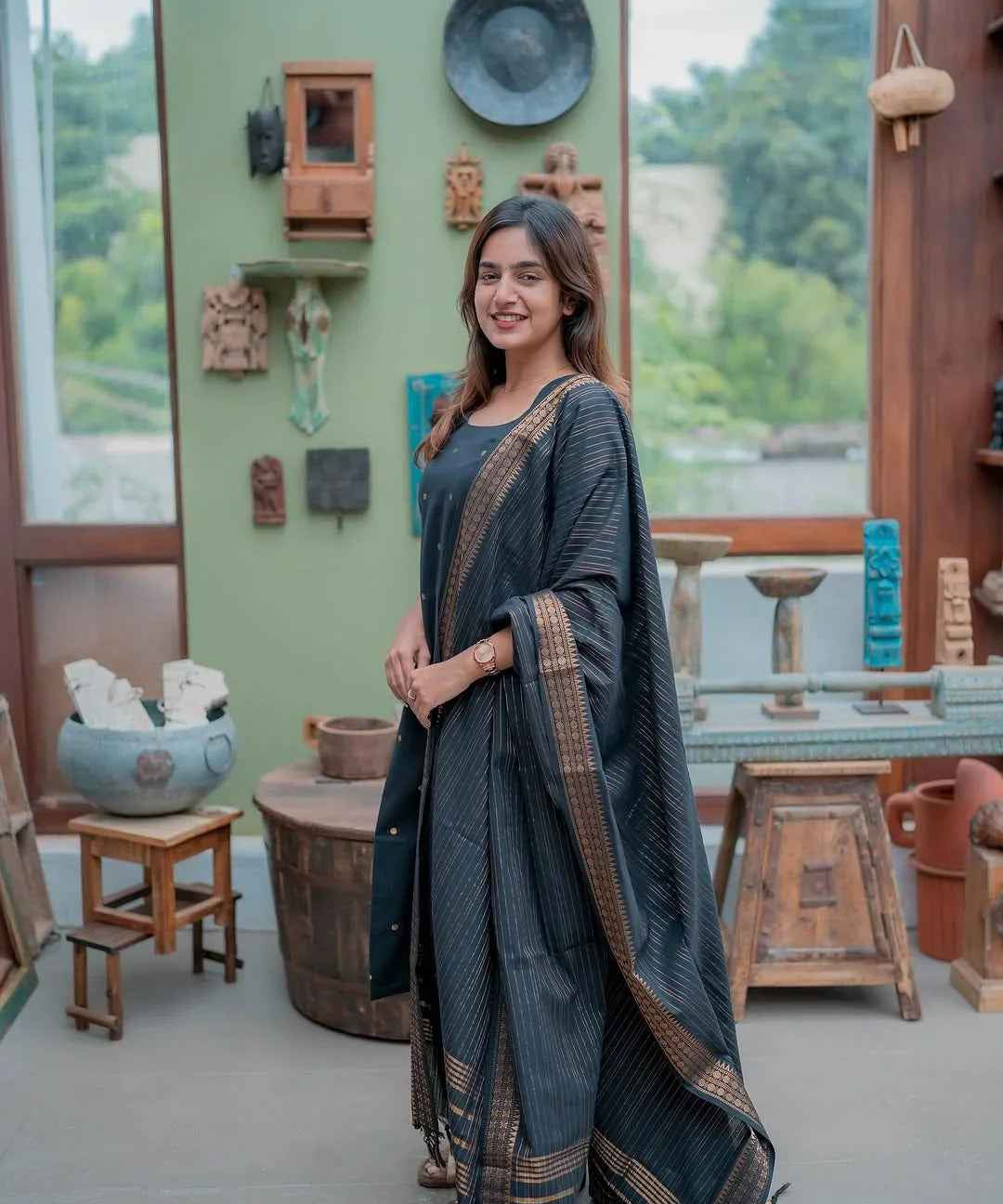 BLACK PURE COTTON KURTI WITH DUPATTA