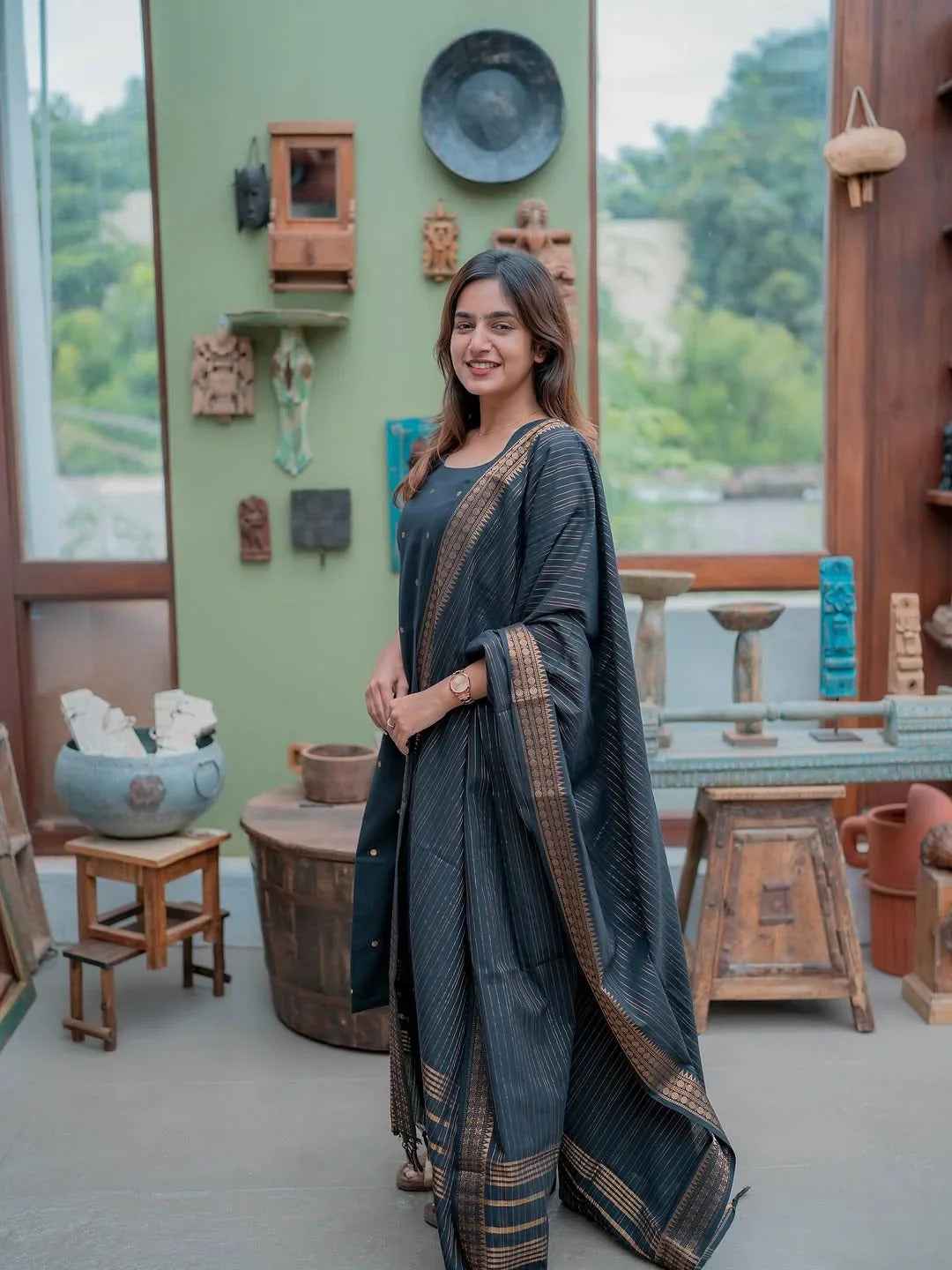 BLACK PURE COTTON KURTI WITH DUPATTA