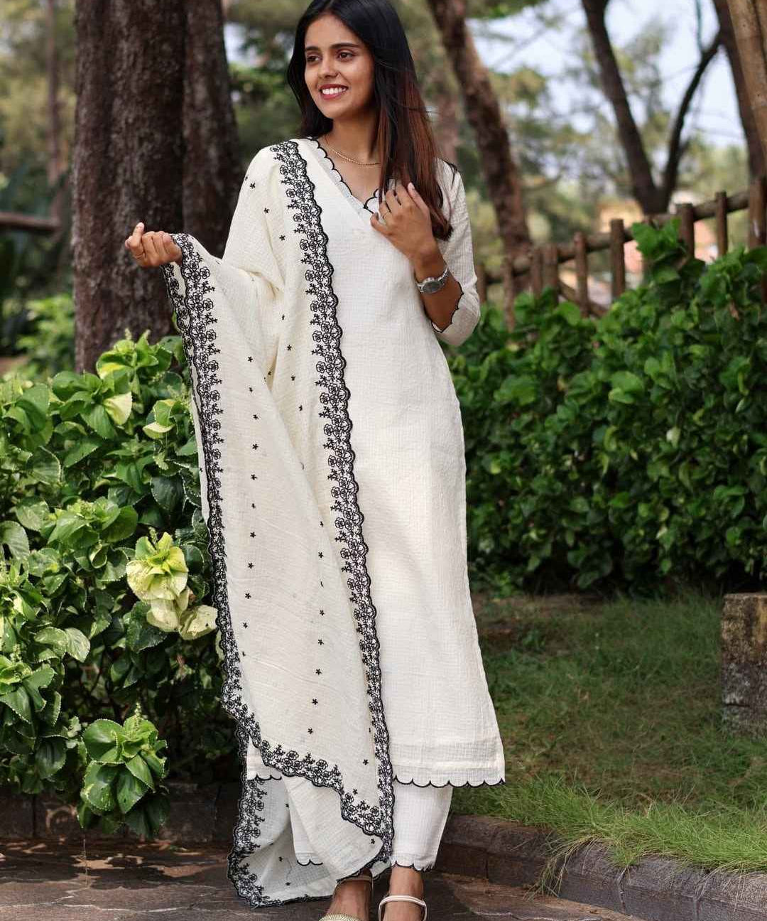 Soft Cotton Kota Doria Designer Suit With Lining And Heavy Embroidered Dupatta.
