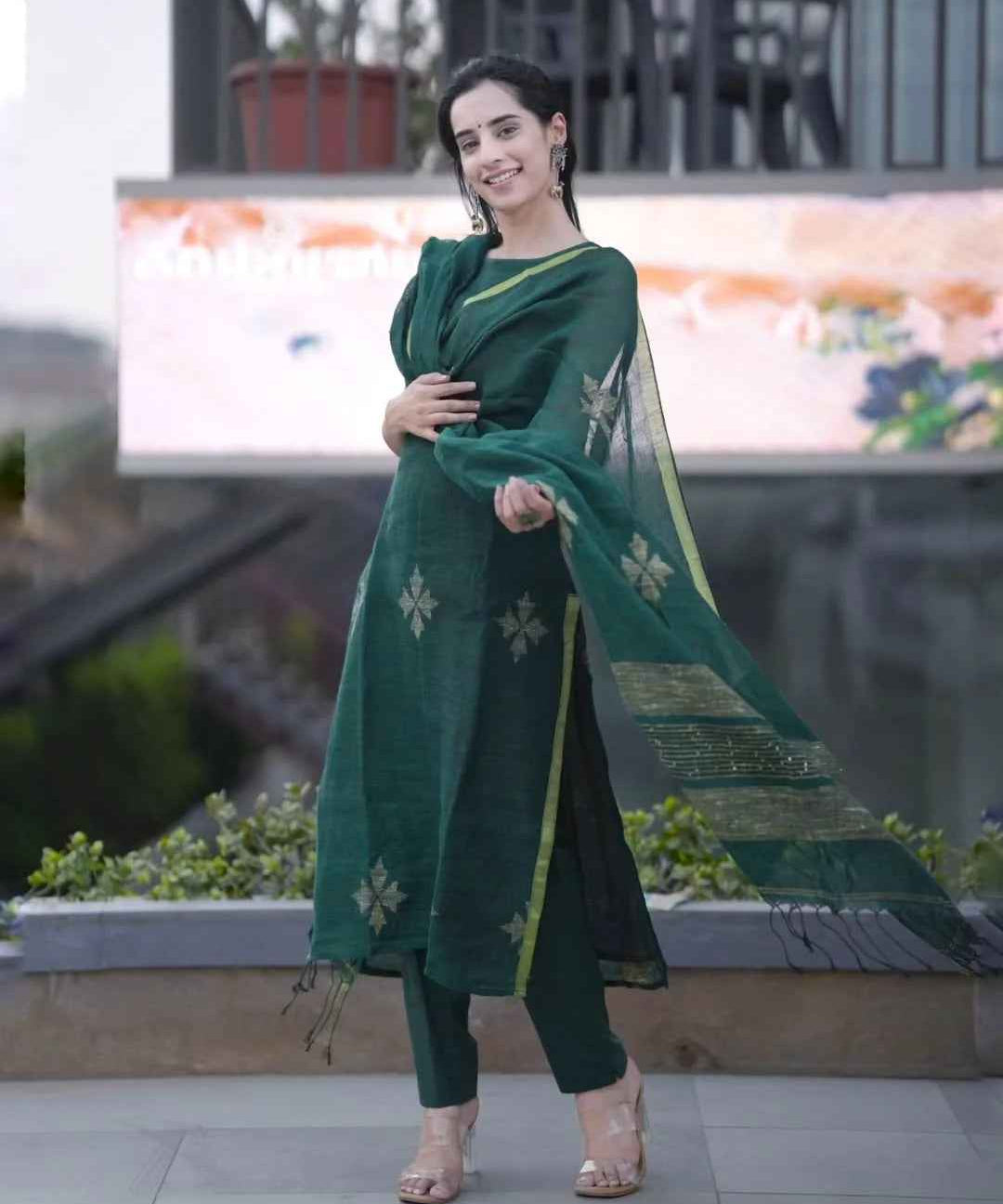 Green Linen Full Kurta Set