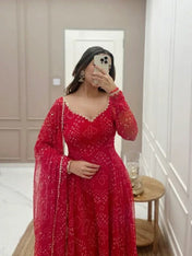Designer Red Georgette Bandhani Anarkali Suit with Dupatta