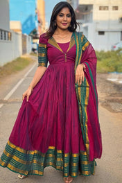 Magenta Cotton Anarkali Gown with Zari Border & Dupatta
