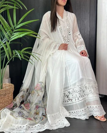 Elegant White Chikankari Embroidered Anarkali Suit Set with Dupatta