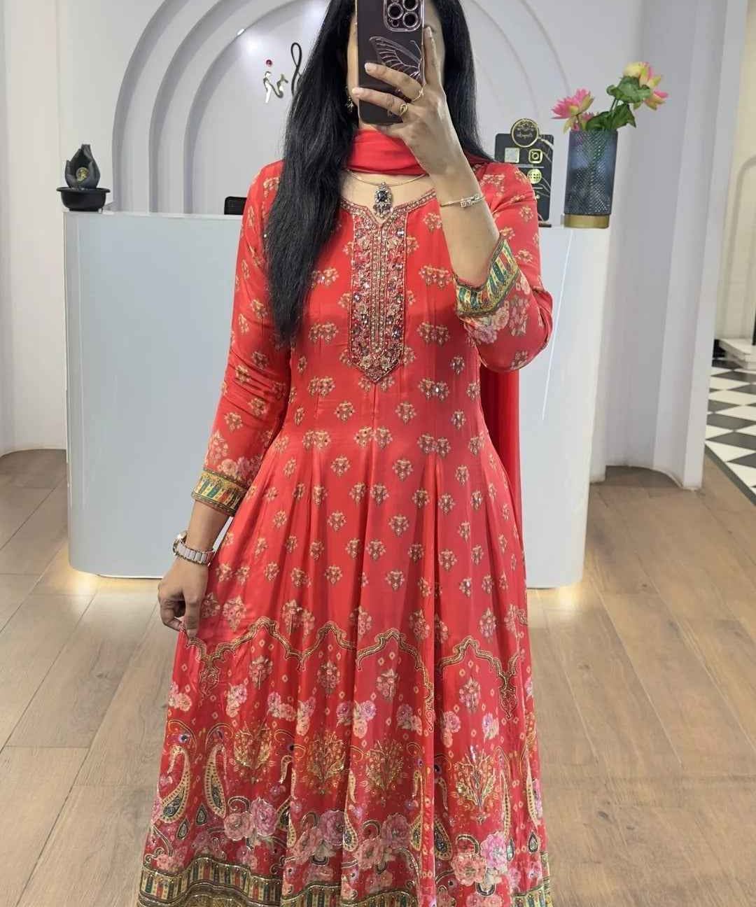 Red Floral Handworked Anarkali With Straight Pants