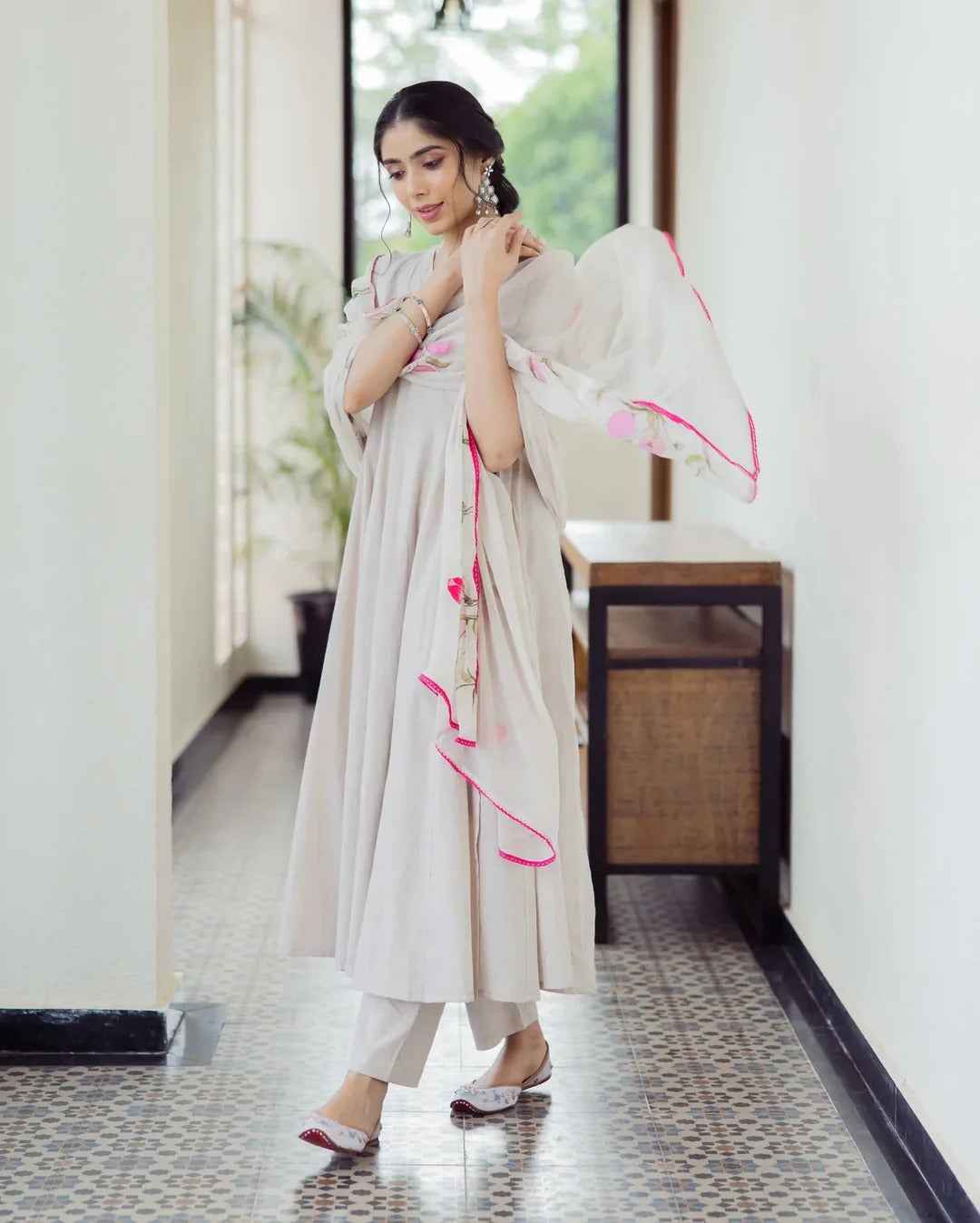 Canvas Grey Handpainted Cotton Suit Set