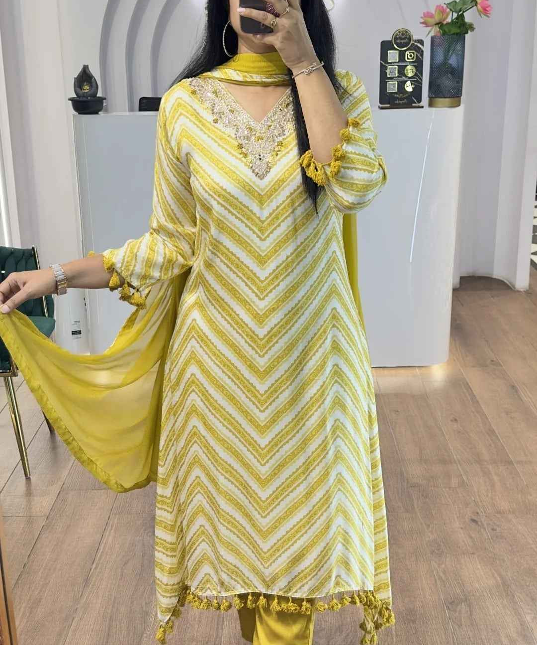 Yellow Zig Zag Printed Handwork HighLow Kurti