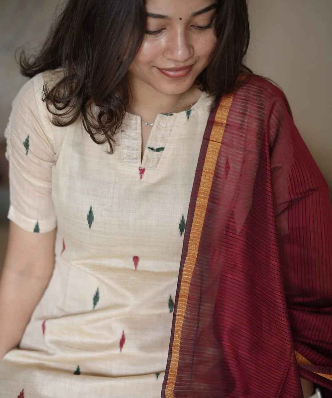 Tussar Silk Kurti With Double Colour Diamond Butta With Dupatta