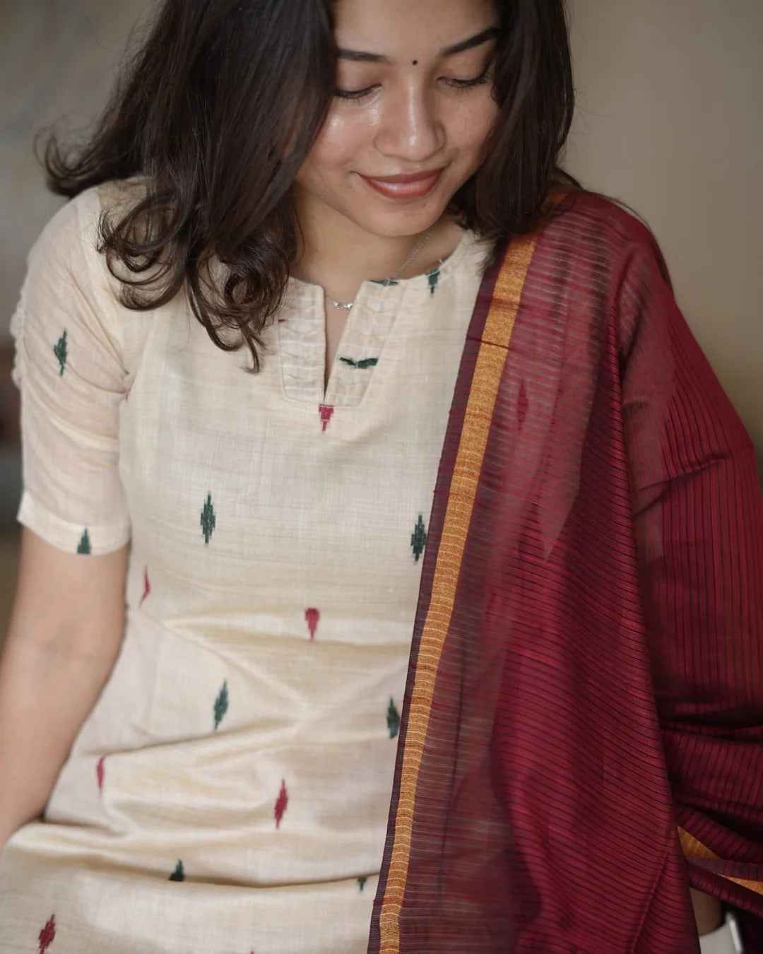 Tussar Silk Kurti With Double Colour Diamond Butta With Dupatta