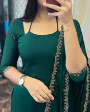 DARK GREEN GEORGETTE STRAIGHT CUT KURTI WITH LINING AND DUPPATTA SET