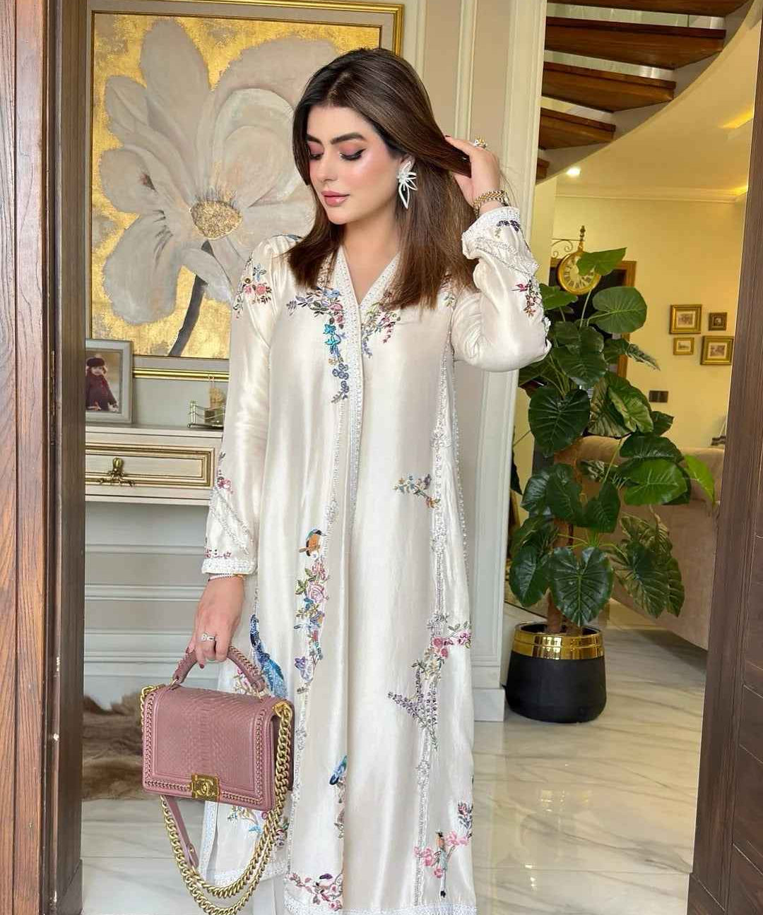 Soft White Chogha With Beautifully Colored Finely Hand-Embroidered