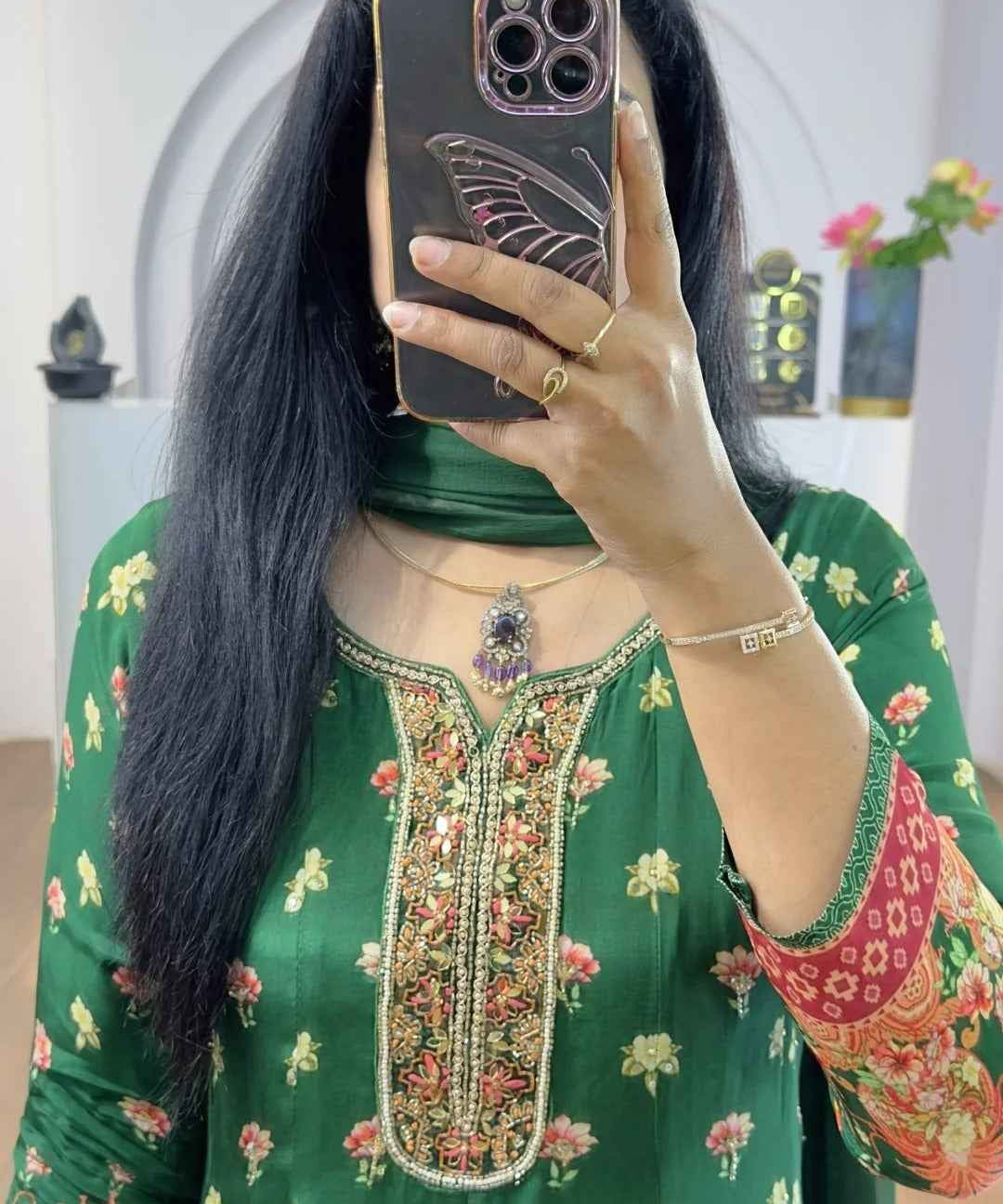 Green Floral Handworked Anarkali With Straight Pants