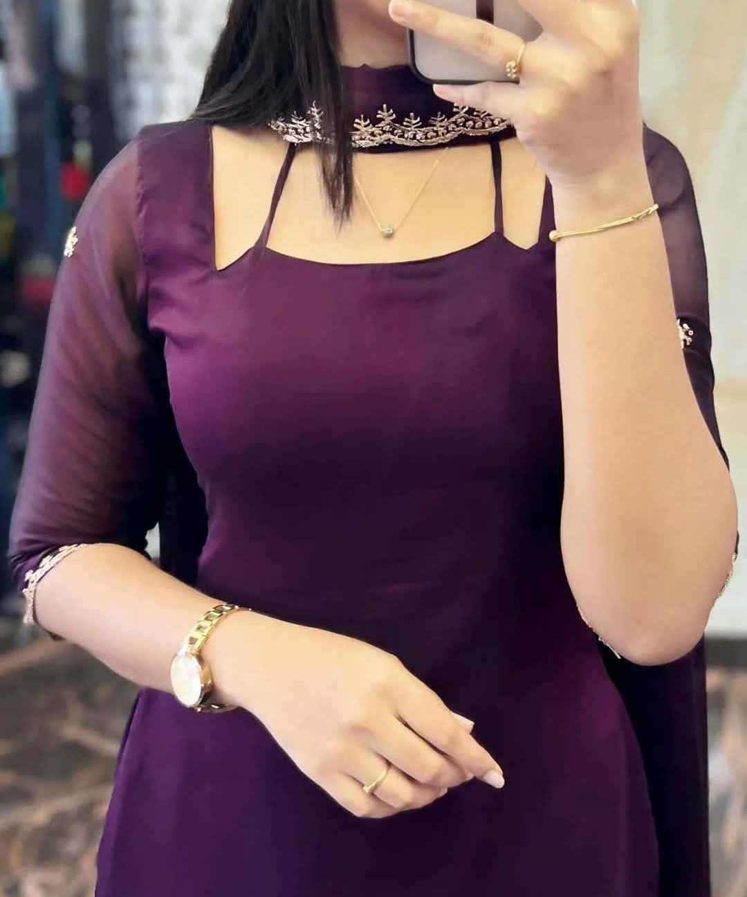 Petal Grace Cotton SuitaDARK PURPLE GEORGETTE STRAIGHT CUT KURTI WITH LINING AND DUPPATTA SET