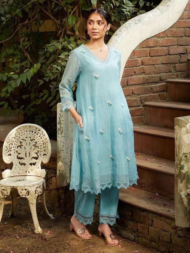 Powder Blue Embroidered Chanderi Kurta