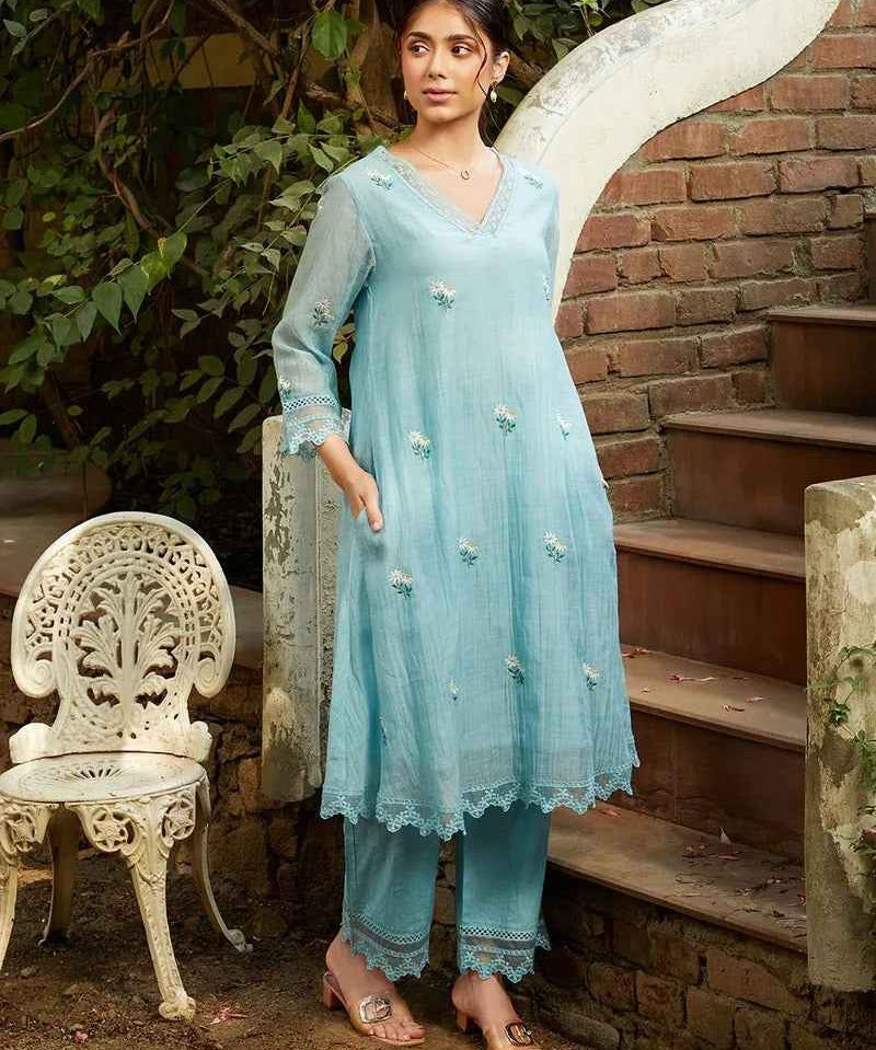 Powder Blue Embroidered Chanderi Kurta