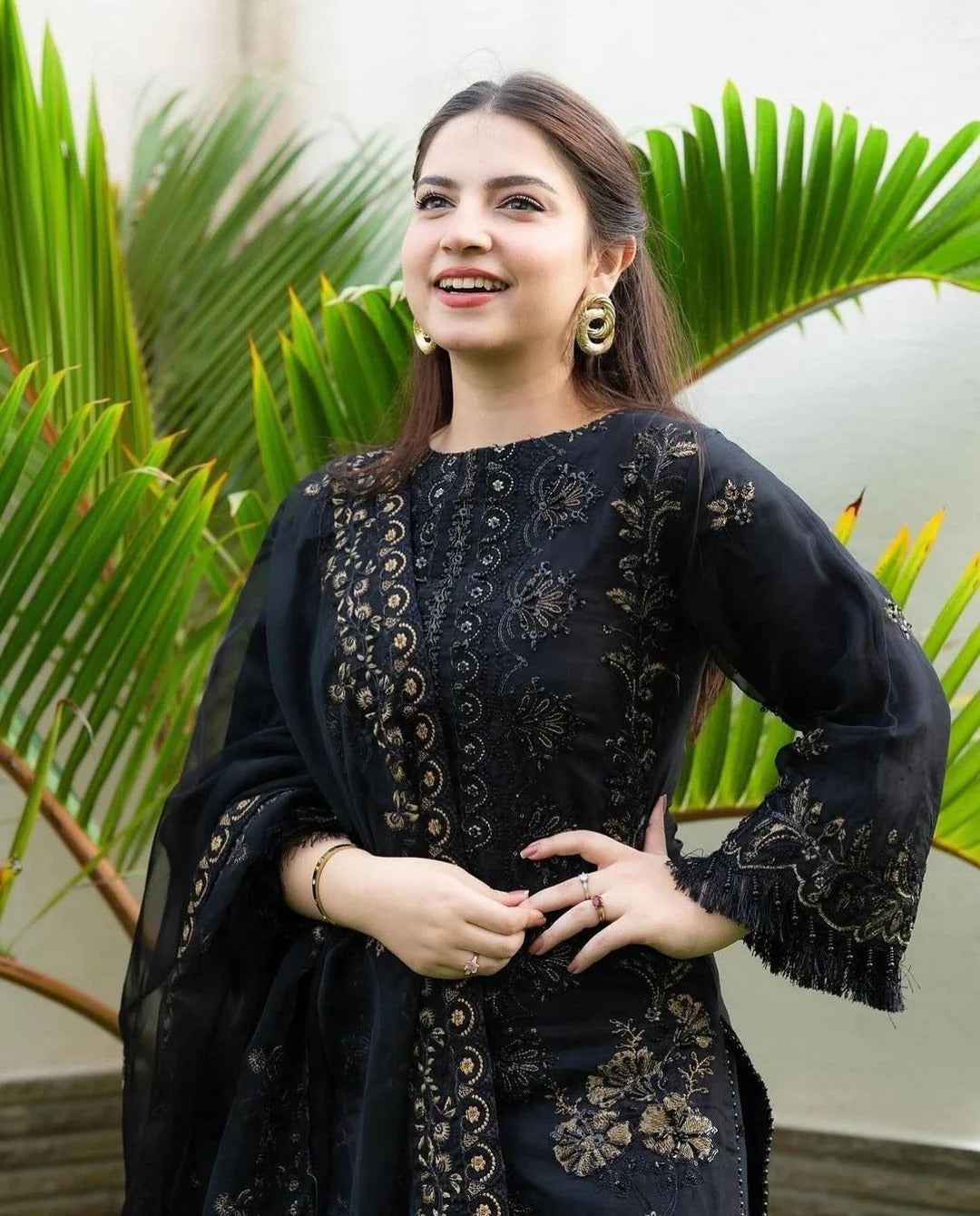 Black Three Piece Stitched Lawn Chikankari Suit