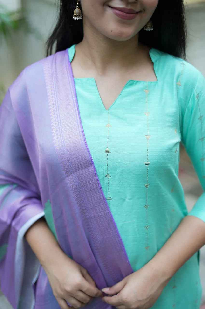 Mint Bloom Kurti Set – Raw Slub Silk Charm