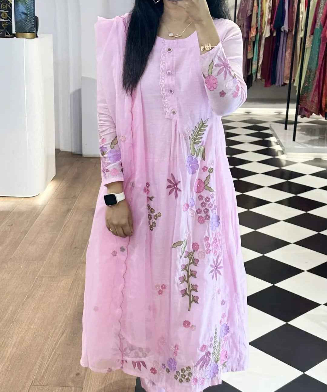 Baby Pink Mul Chanderi Embroidered Suit Set