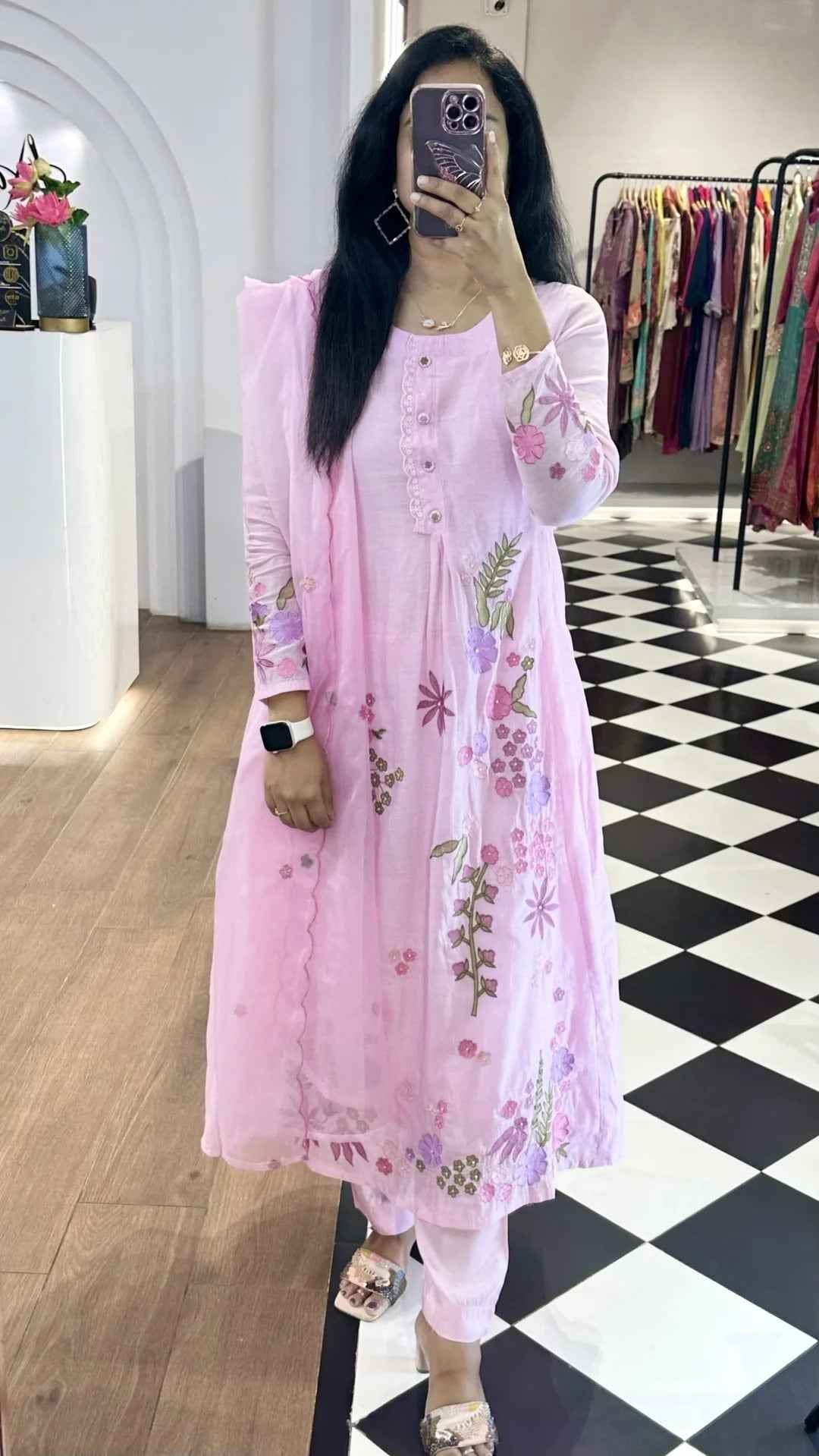 Baby Pink Mul Chanderi Embroidered Suit Set