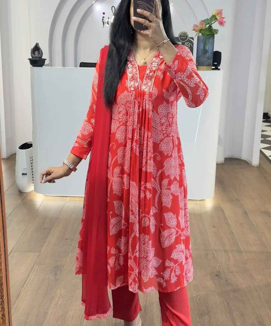 Red Bandhej Chinnon Aline Suit Set