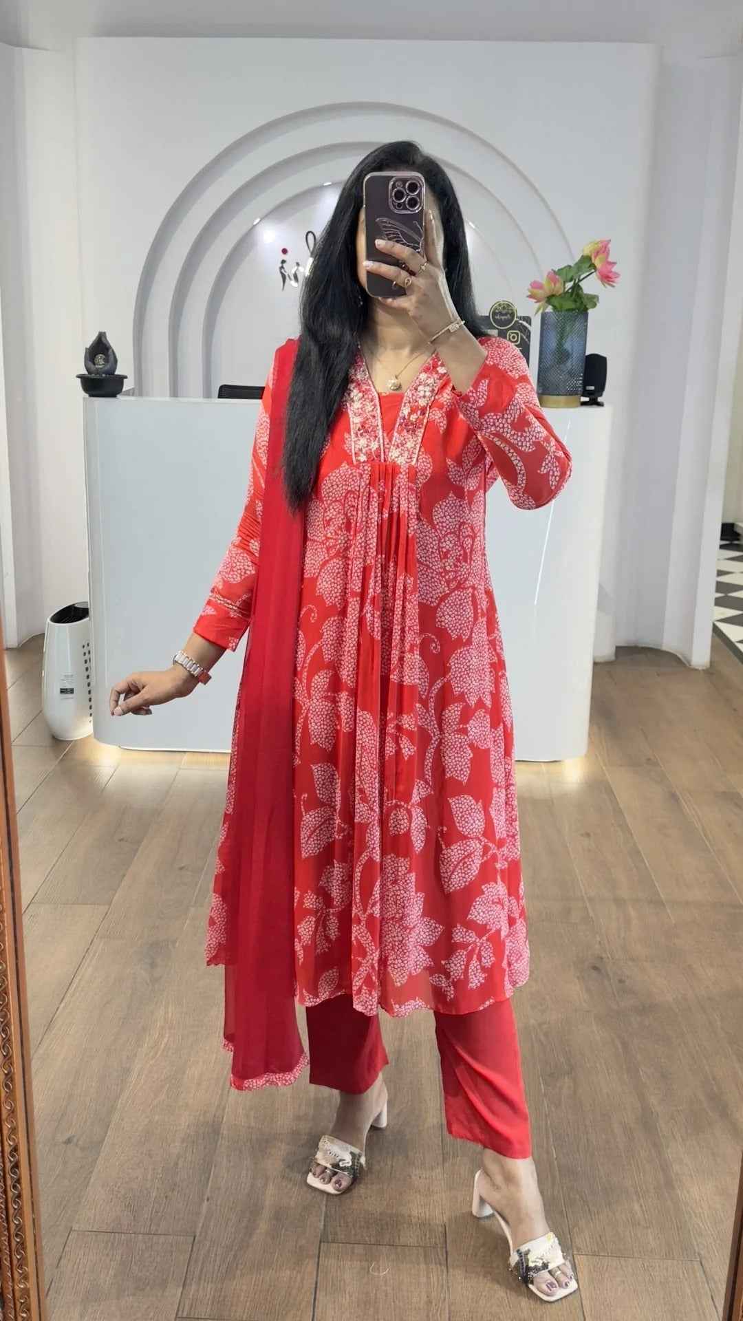 Red Bandhej Chinnon Aline Suit Set