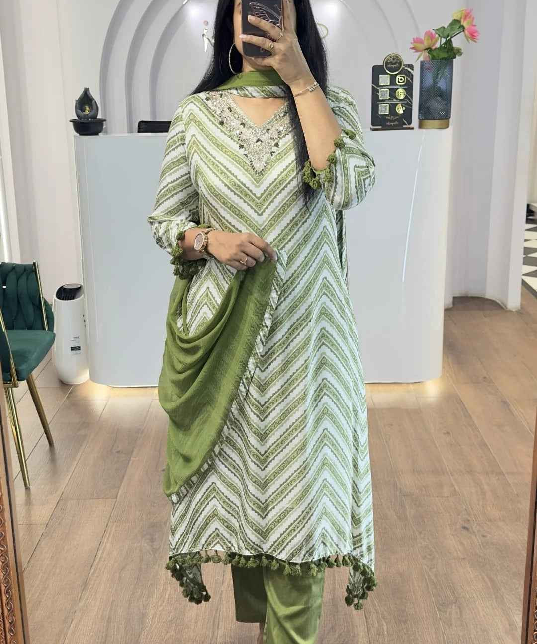 Green Zig Zag Printed Handwork HighLow Kurti
