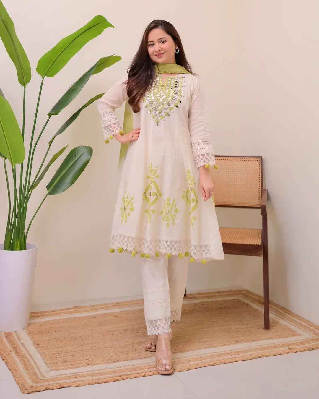 Lime Glow Aline Handwork Pakistani Suit