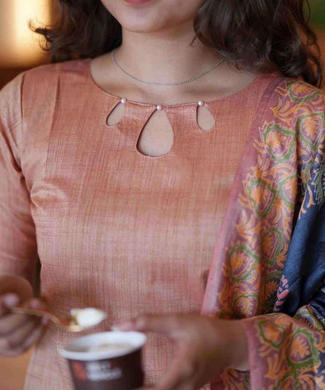 Silk Kurti With Pearl Detailed Neckline Suit Set