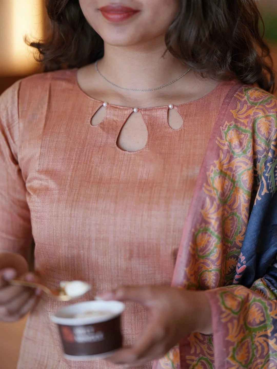 Silk Kurti With Pearl Detailed Neckline Suit Set