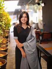 Black Cotton Kurta Set with Grey Dupatta