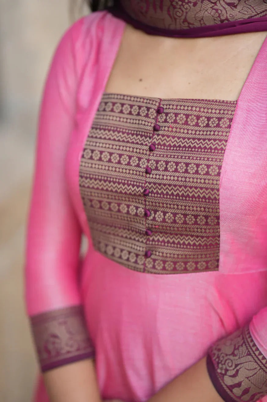 Pink & Wine Anarkali Kurta Set with Dupatta