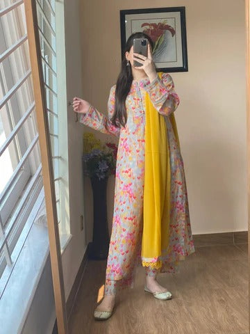 Soft Pastel Multi-Color Floral Printed Kurti Set with Yellow Dupatta